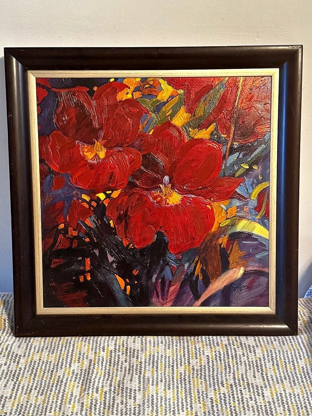 Large Framed Textured Red Floral Canvas Painting Signed Vibrant Abstract Flowers
